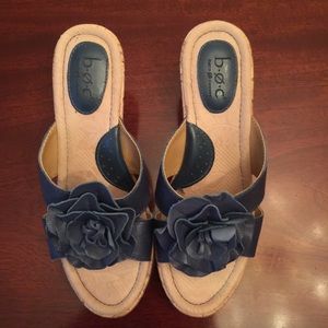 B.O.C.  Blue Leather Rosette Wedge Sandals